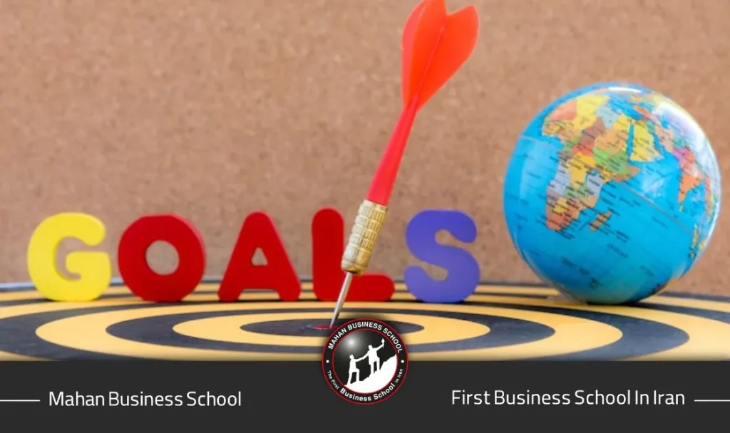 یک نمودار پنج‌ضلعی که هر ضلع آن یکی از مؤلفه‌های SMART (مشخص، قابل اندازه‌گیری، دست‌یافتنی، مرتبط، زمان‌دار) را نشان می‌دهد.